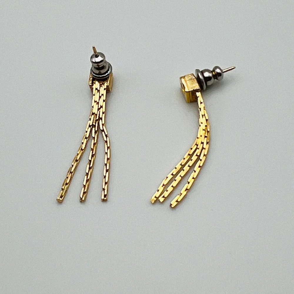 Gold Tone‎ Spiral Square Post Earrings with Multi Chain Tassel Dangle Drops